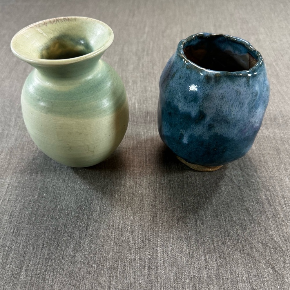 2 Blue Drip Studio Art Pottery Vase Clay Glazed Handmade Signed Artist Green